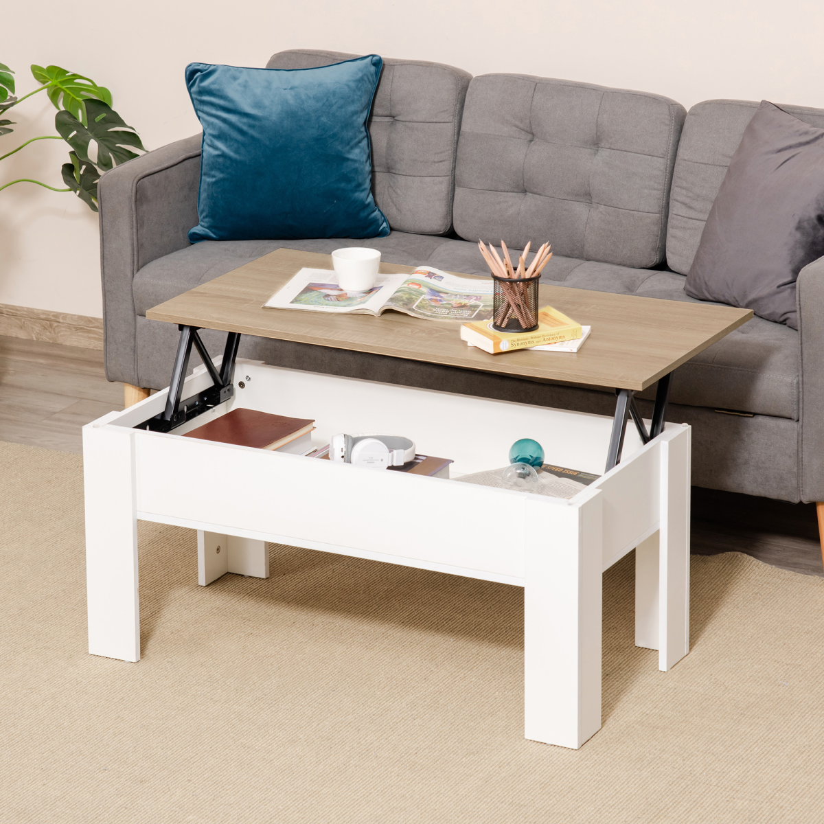 HOMCOM Lift-Top Coffee Table with Hidden Storage Compartment – Laptop and Sofa Dining Table