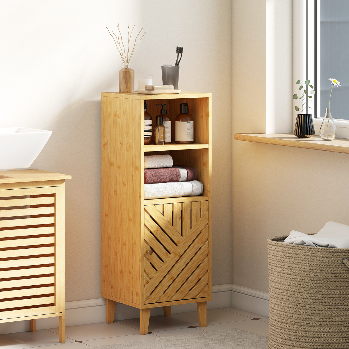 HOMCOM Narrow Bathroom Storage Cabinet with Open Compartments & Bamboo Door – Slim Floor Cabinet, Natural