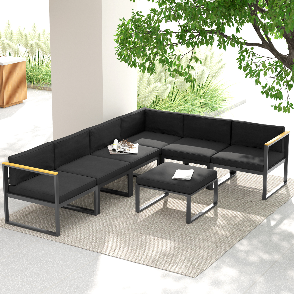 Outsunny 14-Piece Replacement Seat & Back Cushion Set for Garden Rattan Furniture, Polyester, Black, 65x65x8cm