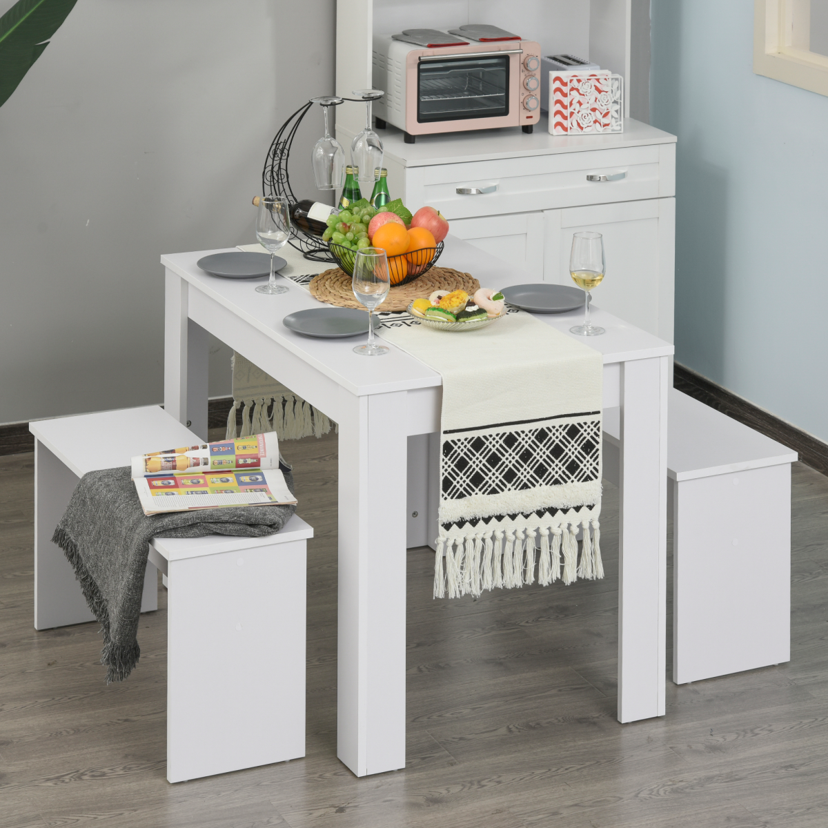 HOMCOM 3-Piece Dining Set with Table & 2 Under-Table Storage Benches – Modern White Melamine Finish