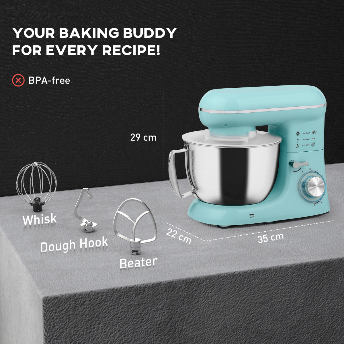 Kitchen Stand Mixer with 1300W Motor, 4.5L Stainless Steel Bowl & Tilting Head – 6 Speeds, Splash Guard, Blue