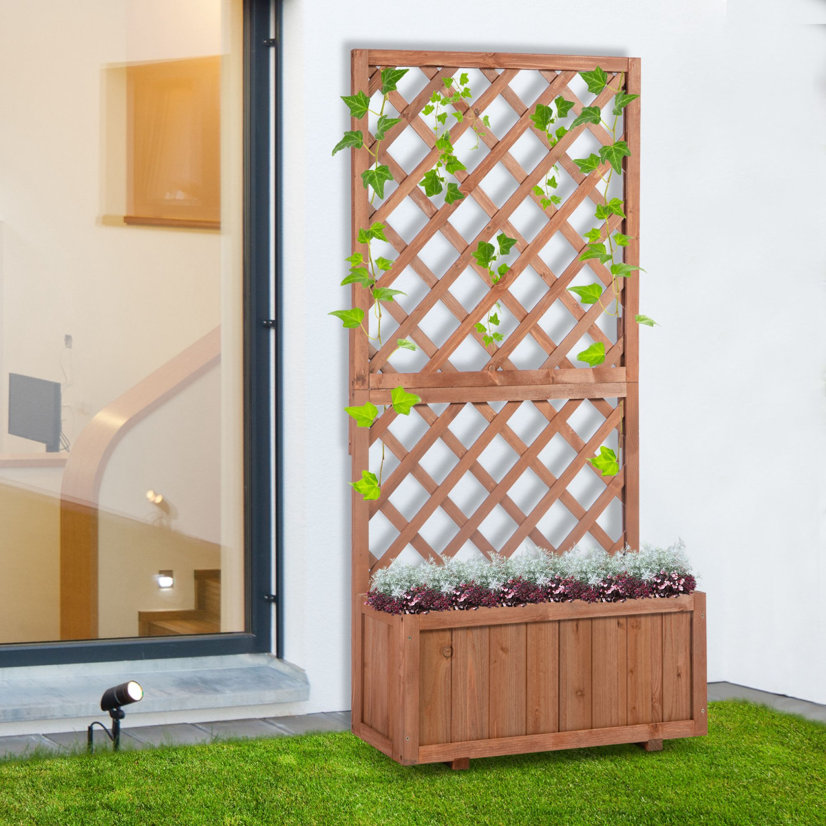 Outsunny Wooden Flower Box Planter with Back Net Board – Fir Wood Garden Display for Plants and Climbers