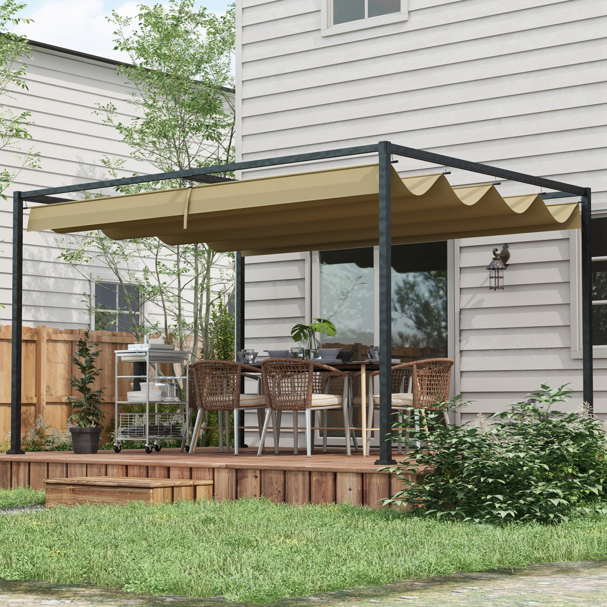 Outsunny 3x2m Metal Pergola Gazebo with Retractable Canopy – Patio Sun Shelter, Khaki