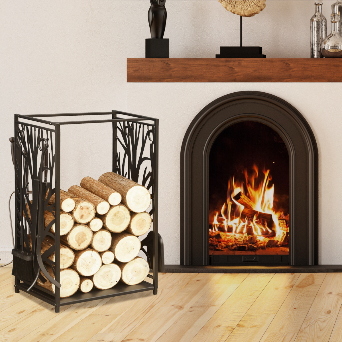 HOMCOM Heavy Duty Firewood Log Rack with 4 Fireplace Tools – Indoor and Outdoor Wood Stacker Storage