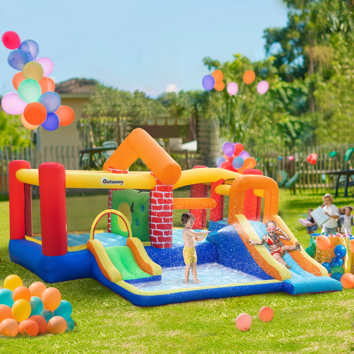 Kids Bouncy Castle with Double Slides, Splash Pool & Two Trampolines – Garden Inflatable with 450W Blower