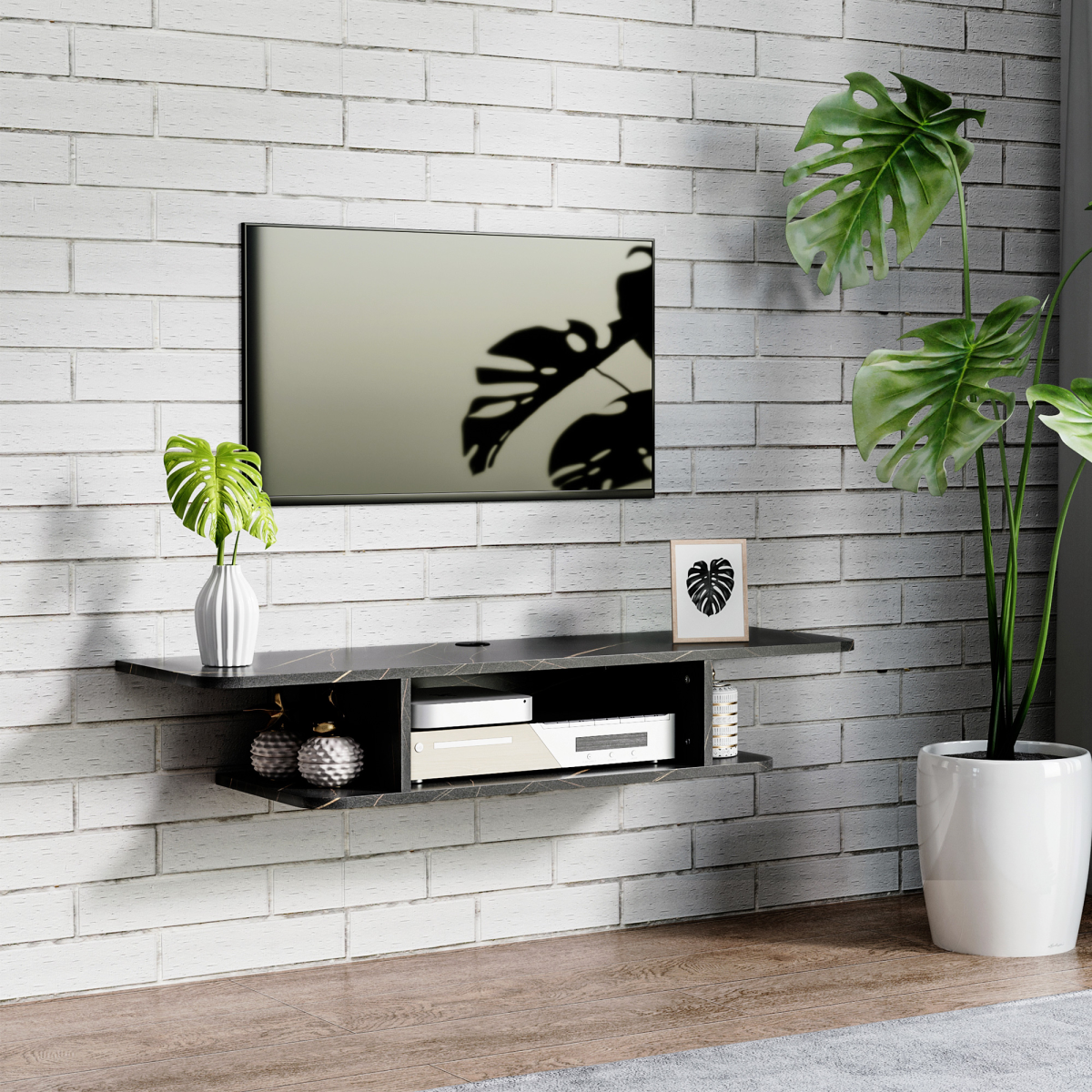 Floating Wall-Mounted TV Unit with Storage Shelves and Cable Management – Media Console, Black