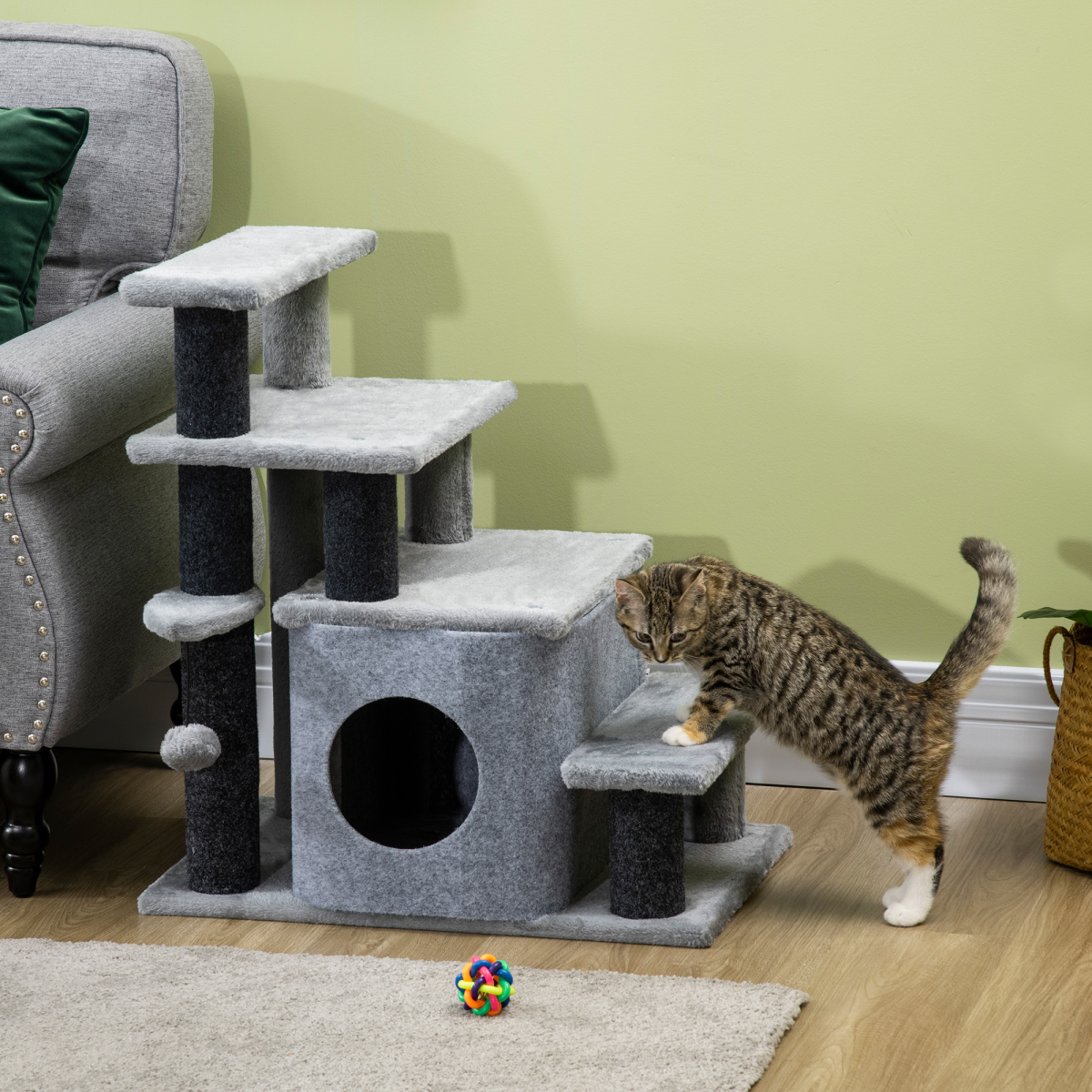Pawhut Cat Steps for Bed & Sofa with Cat House, Hanging Ball & Adjustable 3 or 4 Steps – Pet Stairs, Grey