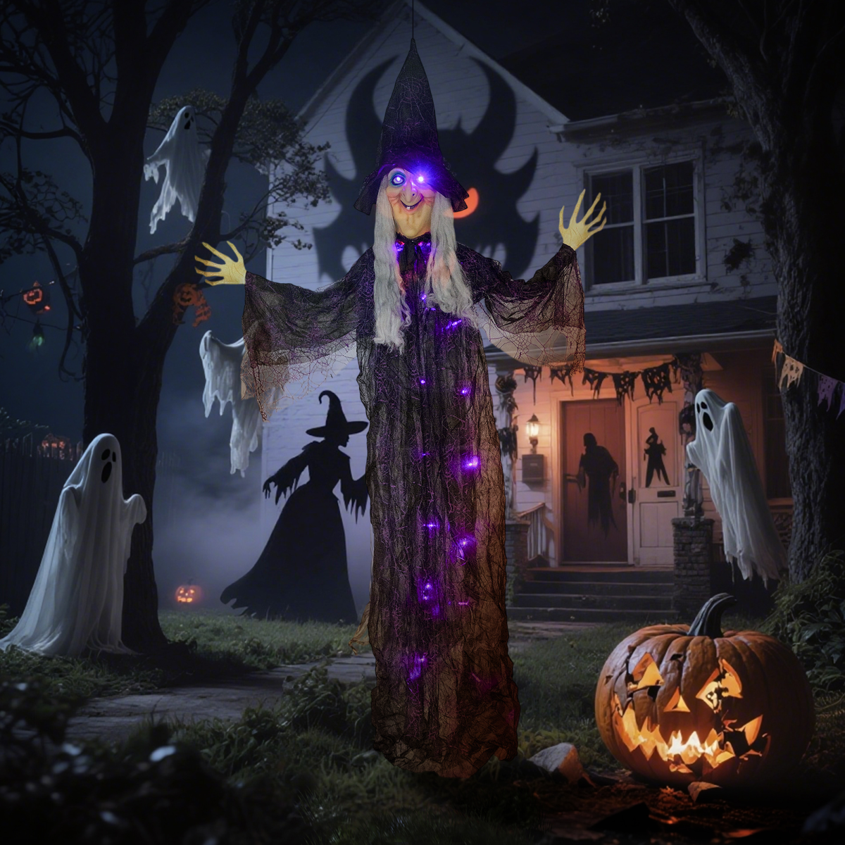 Outsunny Voice Activated Halloween Animatronics Witch, 183cm Life-Sized with Sound and Light Effects, Black