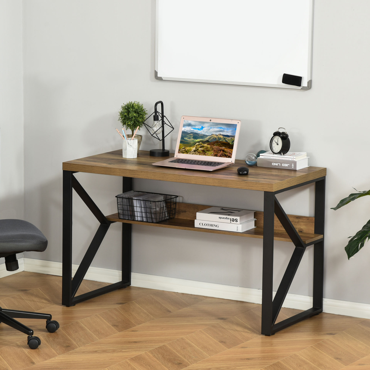 K-Leg Computer Writing Desk with Storage Shelf – Wood-Effect Home Office Desk, 120cm