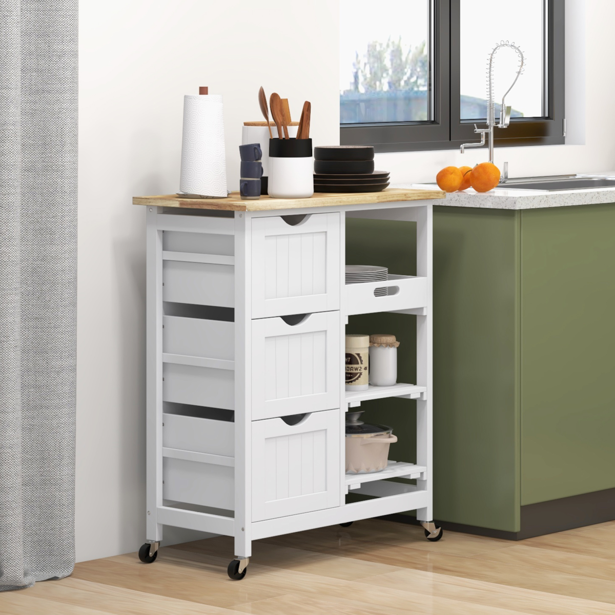 HOMCOM Rolling Kitchen Island & Bar Serving Cart with 3 Drawers & 2 Shelves – Wooden Worktop, White