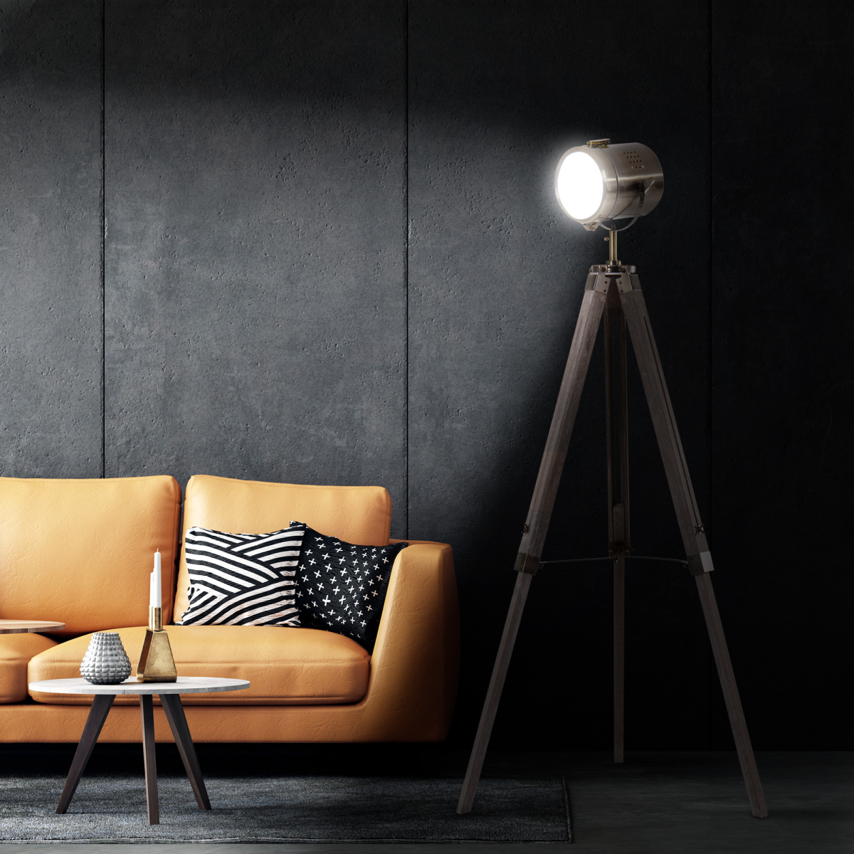 HOMCOM Industrial Tripod Searchlight Floor Lamp with Adjustable Height & Tilting Head – Wood & Bronze