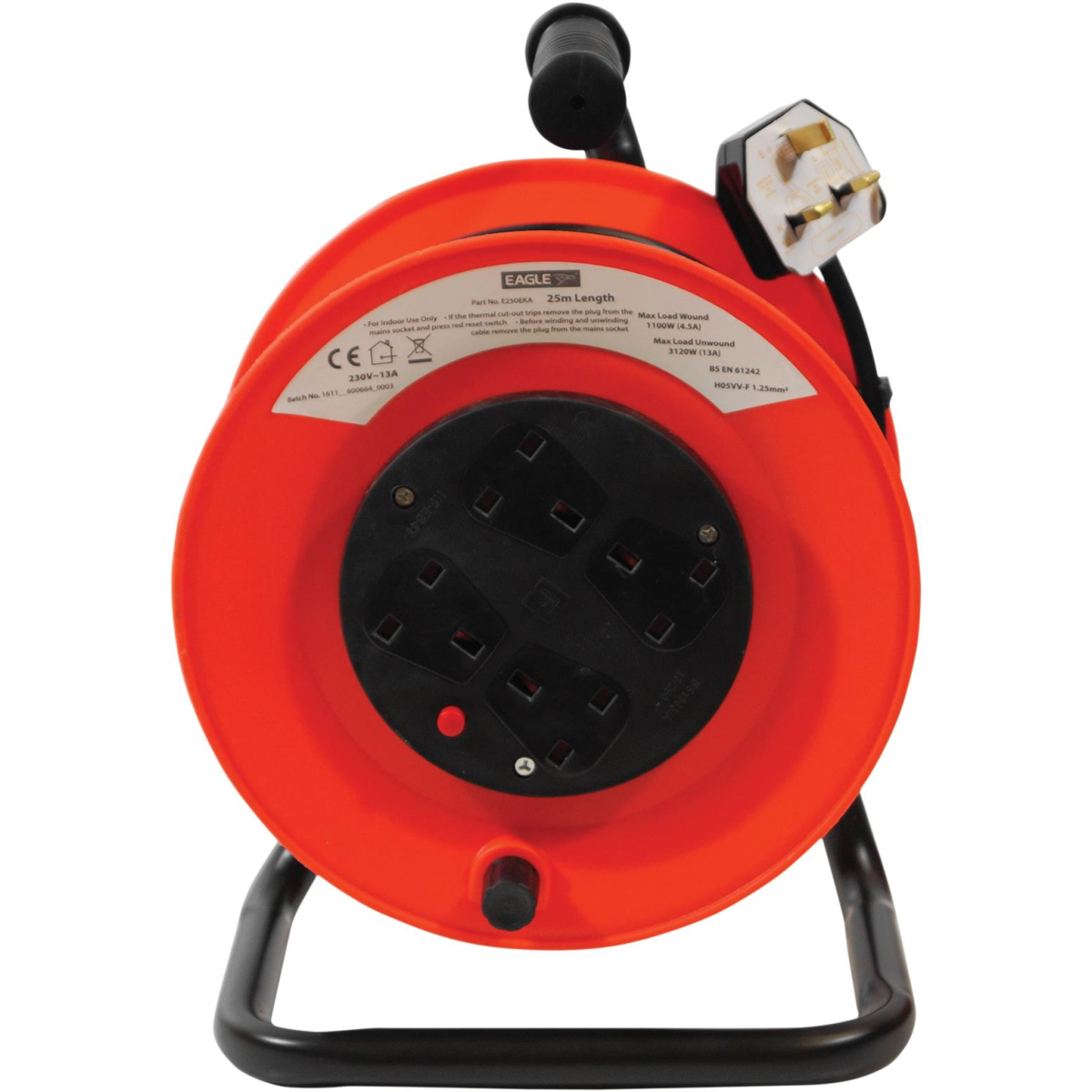 Eagle 4 Socket 25 Metre Extension Reel with Stand, Carry Handle & Overheat Protection – Black/Red