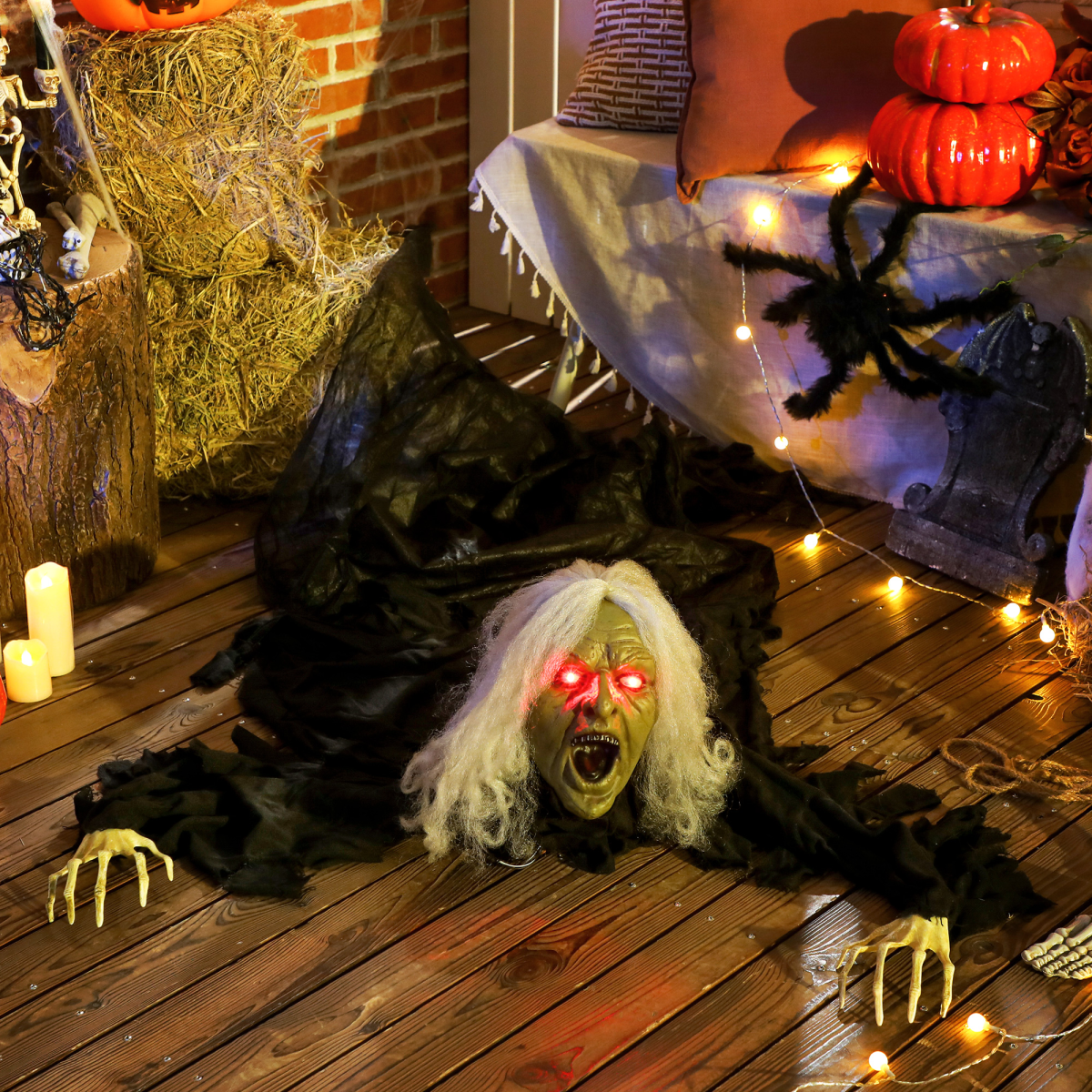 Outsunny 183cm Life Size Zombie Old Lady Halloween Decoration with Sound & Light-Up Eyes – Black