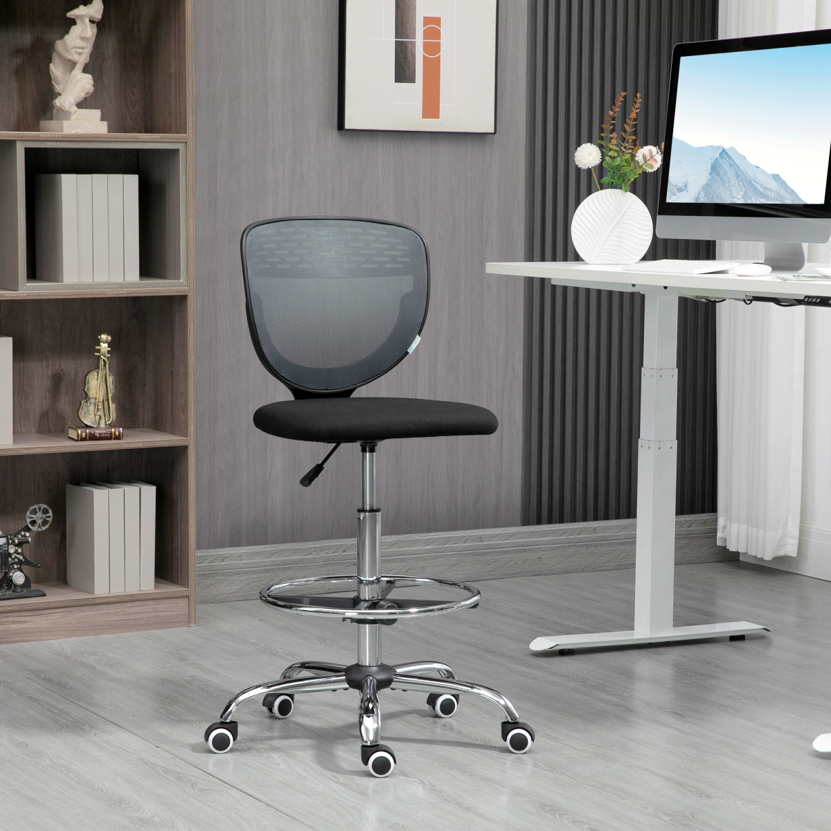 Vinsetto Tall Draughtsman Chair with Lumbar Support & Foot Ring – Grey Mesh
