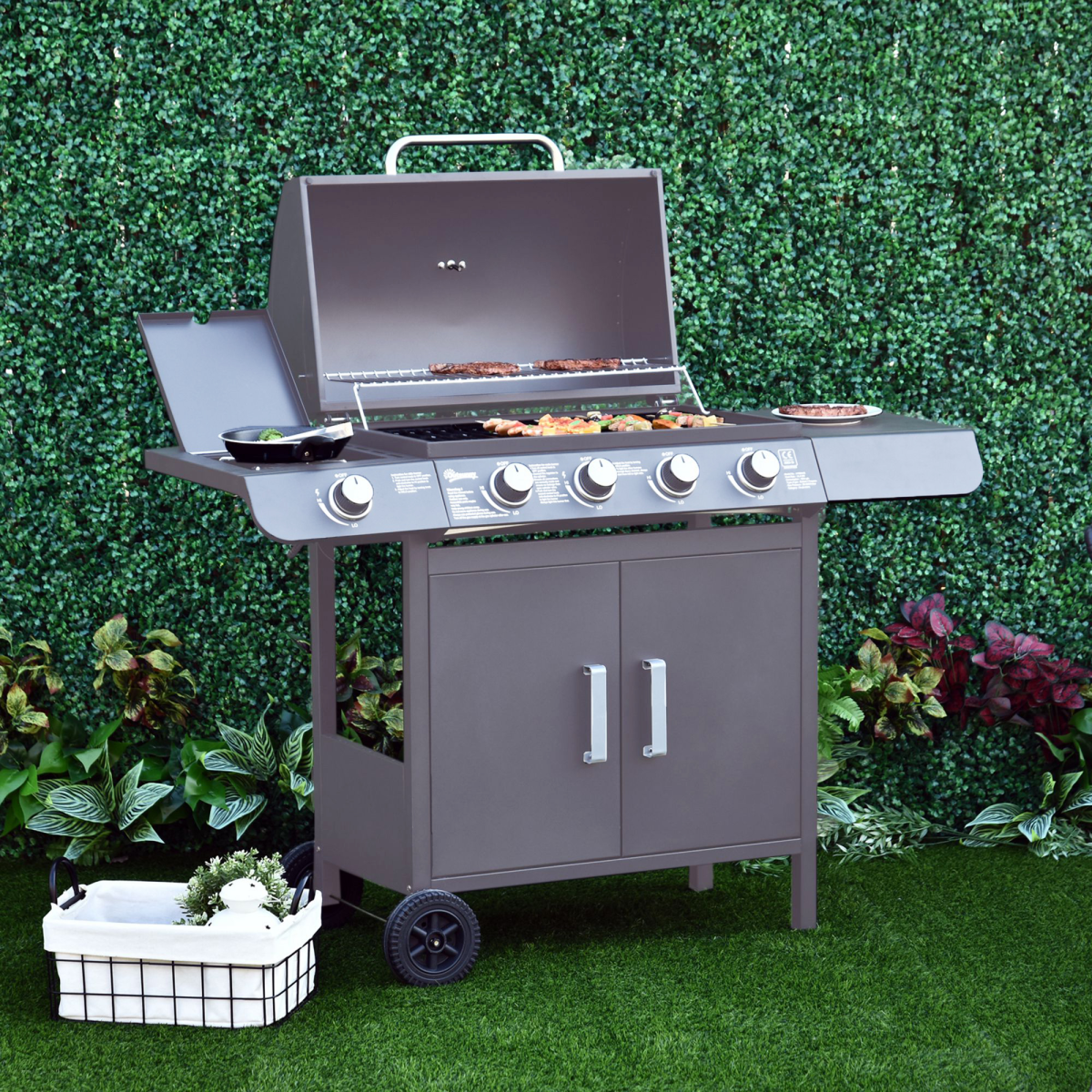 Outsunny 5-Burner Gas BBQ Grill with Stainless Steel Burners, Side Burner & Side Table – Outdoor Cooking, Grey