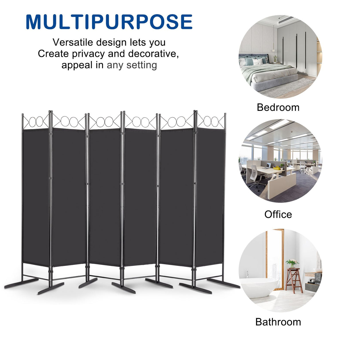 6-Panel Folding Room Divider Screen, 175cm Tall – Black Steel Frame with Polyester Fabric Panels