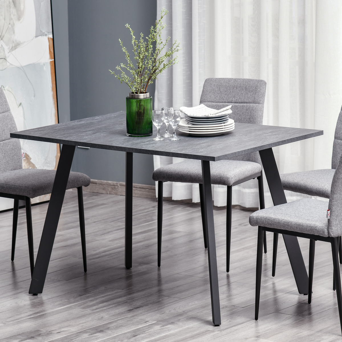 Modern Rectangular Dining Table with Powder-Coated Metal Legs & Adjustable Feet – Seats Four, Dark Grey