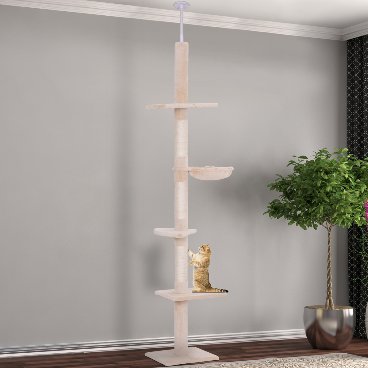 Pawhut 5-Tier Floor to Ceiling Cat Tree with Scratching Post – Activity Tower, Adjustable 230–260cm