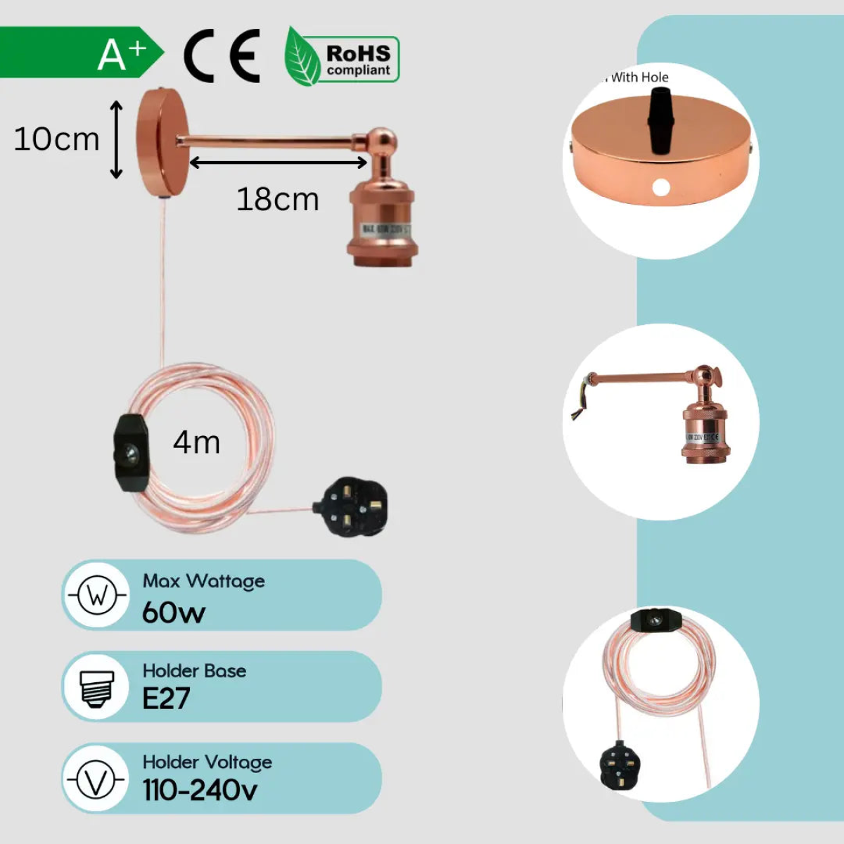 Plug-In Vintage Wall Sconce – Rose Gold