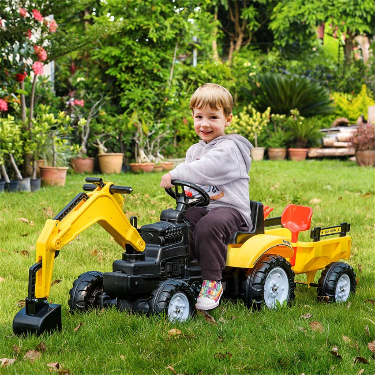 Kids Ride-On Construction Truck with Lift Arm, Horn and Detachable Trailer – Pedal Digger, Yellow