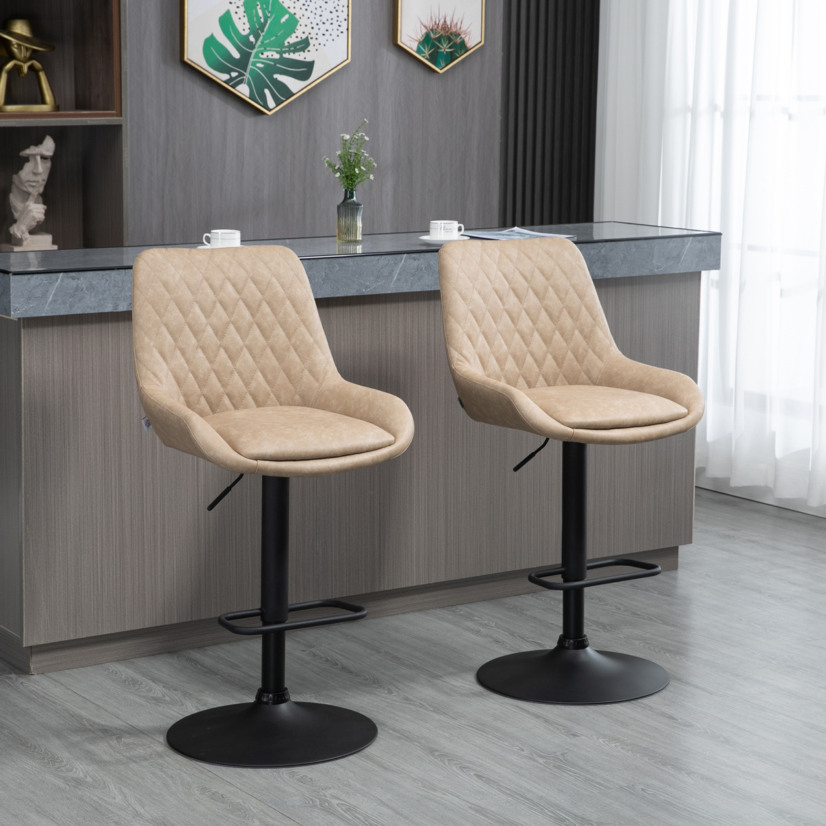 HOMCOM Adjustable 360° Swivel Bar Stools, Set of 2 with Padded Seat & Footrest – Kitchen Breakfast Bar Seating, Khaki