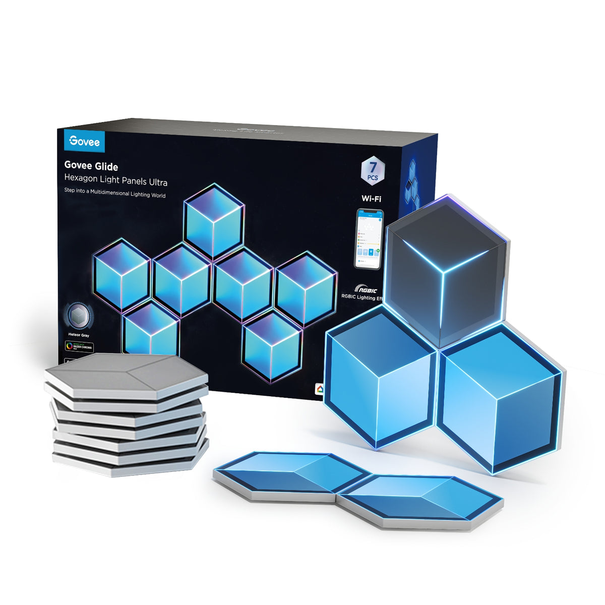 Govee Glide Hexagon Light Panels Ultra, 7 Pack with 129 LEDs Each, 3D Design & Razer Chroma RGB Sync