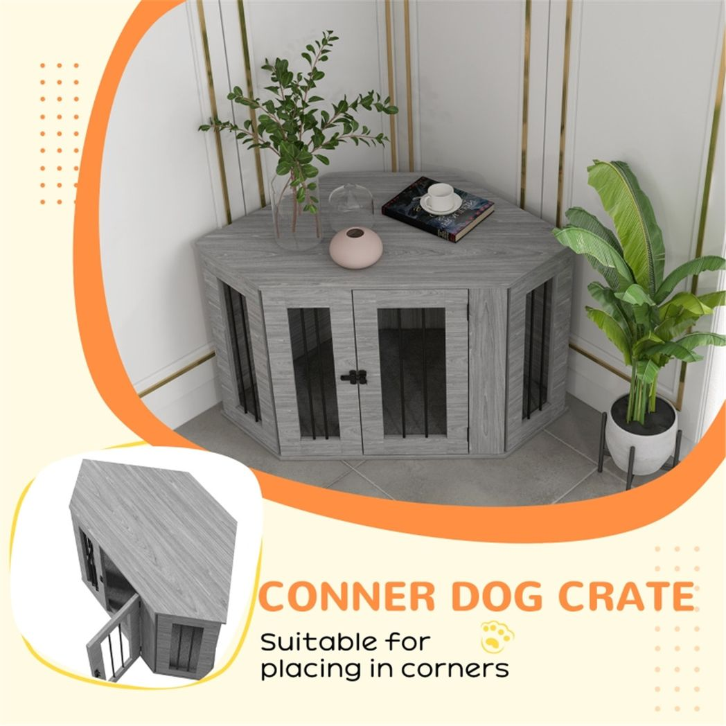 Dog Crate Furniture Side Table with Cushion & Large Entrance – For Medium Dogs up to 20kg, Grey