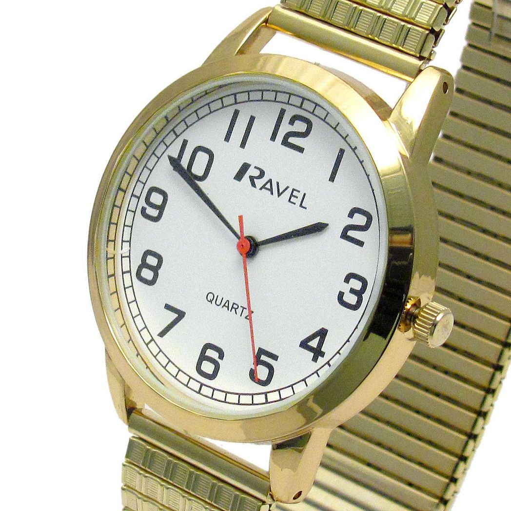 Ravel Men's Bold Number Expander Bracelet Watch – White Dial, Gold Tone (R0232.12.1)
