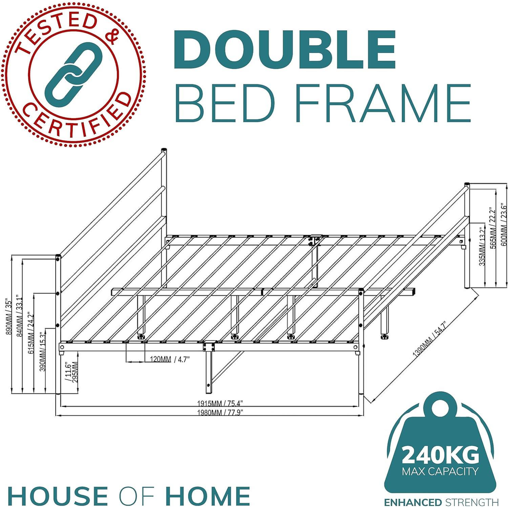 Extra Strong Double Metal Bed Frame – Heavy-Gauge Steel Construction, Classic Design, Black