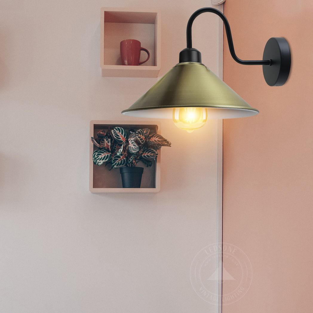 Vintage Swan Neck Wall Light with Cone Shade and E27 Socket – Dimmable Indoor Wall Sconce, Green Brass