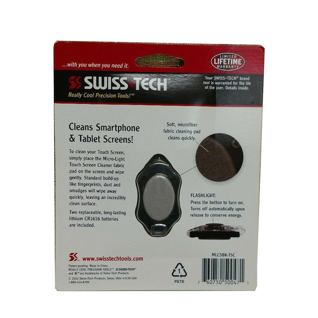 Swiss Tech Micro-Light Touch Screen Cleaner with LED Flashlight and Microfibre Pad – Keychain Size