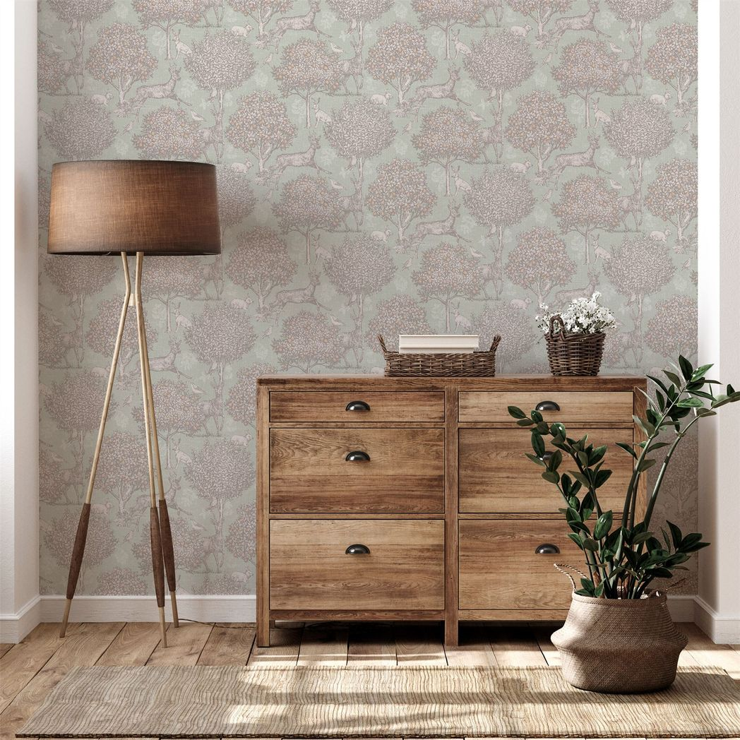 Arthouse Woodland Scene Wallpaper with Deer, Birds and Rabbits – Country Style Feature Wall, Sage Green
