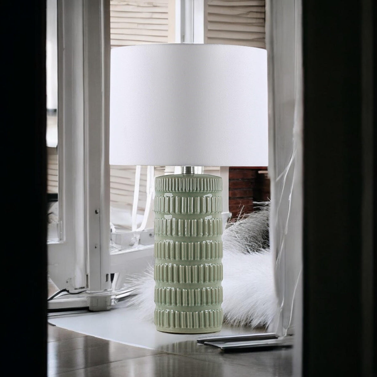 Cream Ceramic Striped Table Lamp with Handmade Drum Shade – Living Room & Bedroom Lighting