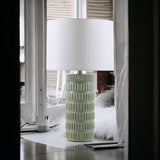 Cream Ceramic Striped Table Lamp with Handmade Drum Shade – Living Room & Bedroom Lighting