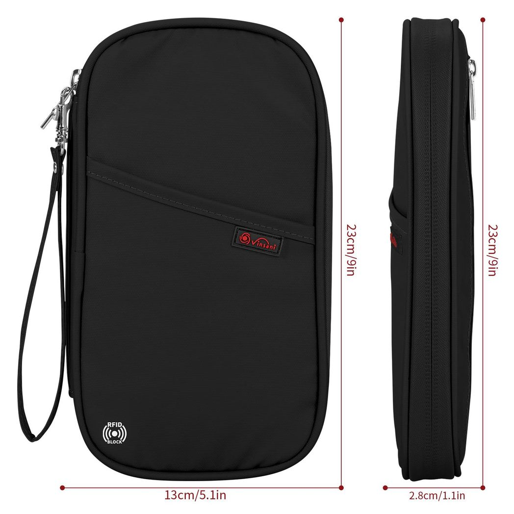 Vinsani Deluxe RFID Passport Holder with Card Slots & Zip Pocket – Travel Document Organiser, Black