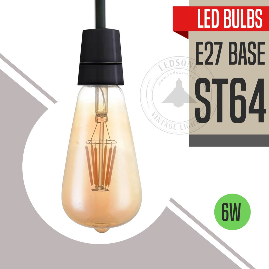 Ledsone 5 Pack E27 ST64 Vintage LED Edison Bulbs, 6W Dimmable Warm White 2700K – Amber Glass Filament