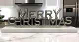 12 Inch Nickel Plated Merry Christmas Sign on Stand – Festive Xmas Accessory for Modern and Winter Decor