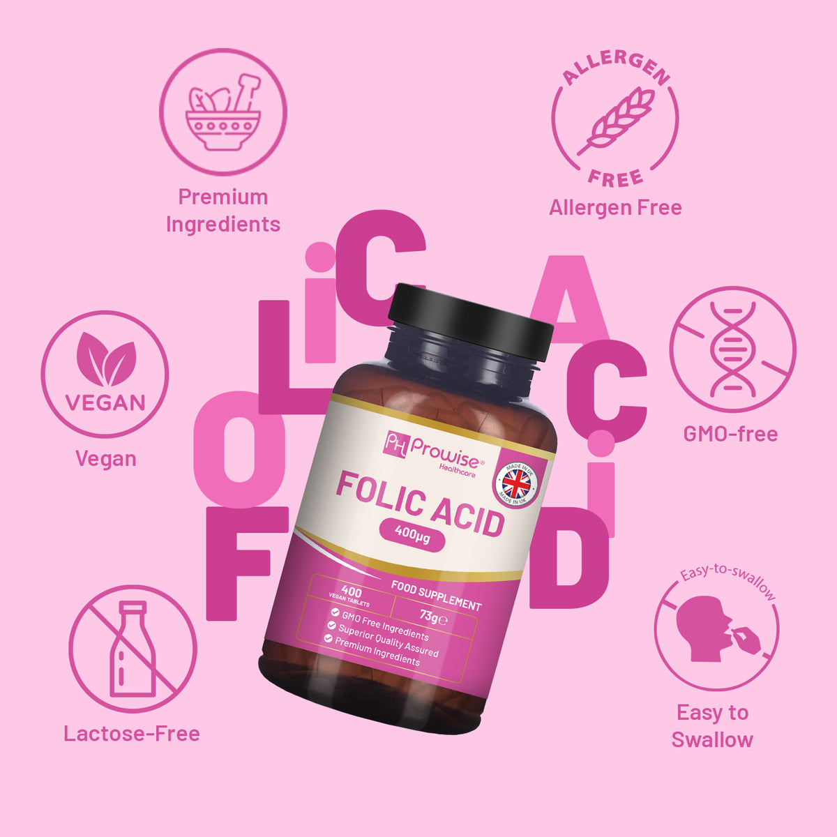 Prowise Folic Acid 400mcg Vitamin B9 Tablets – 400 Vegan Tablets, Over a Year's Supply, Made to GMP Guidelines