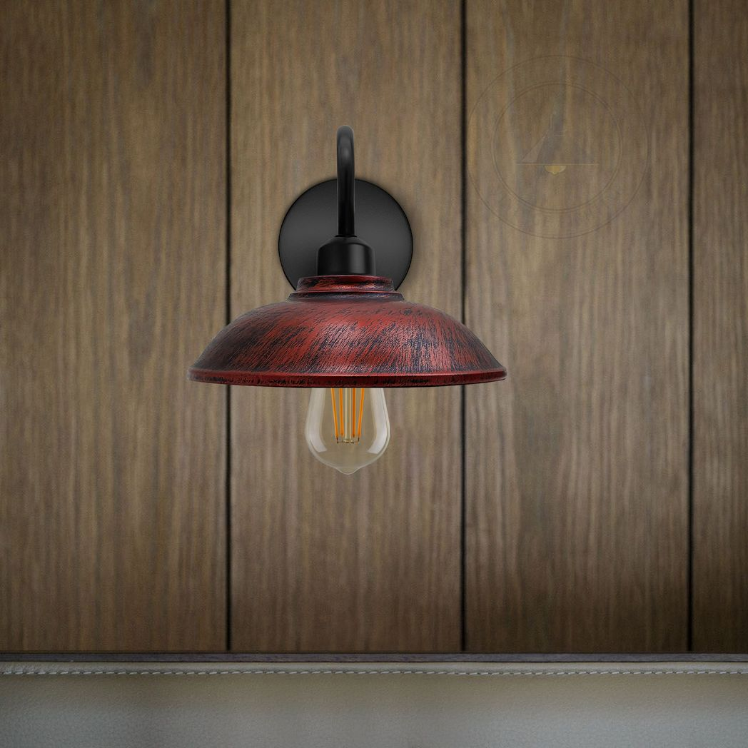 Vintage Hemisphere Wall Light with Swan Neck Arm & E27 Socket – Dimmable Metal Sconce, Rustic Red