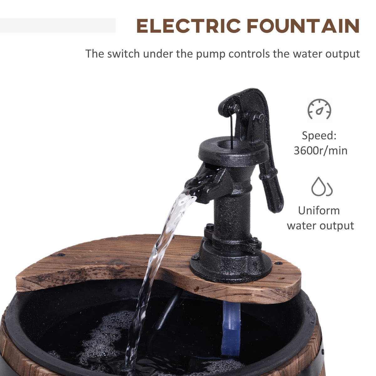 Outsunny Retro Water Pump Barrel Fountain, Solid Fir Wood – Garden Water Feature & Flower Planter Stand