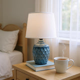 AcaciaHome 40cm Blue Ceramic Table Lamp with White Drum Shade – Corded 240V Home & Office Lighting