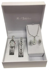 Paul Salatini Ladies Bling Watch Gift Set – White Dial Silver Bracelet Watch with Bracelet, Necklace & Earrings