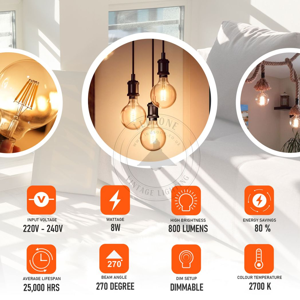 2 Pack E27 LED Edison Dimmable Filament Bulbs, 8W 800lm 2700K – Vintage Amber Glass, Warm White