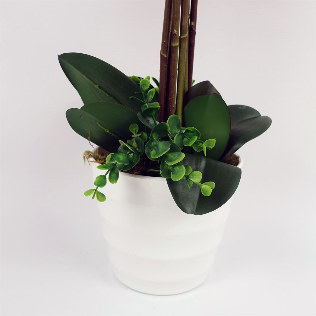 Leaf 85cm Artificial Deluxe Bush Orchid with 56 Dark Pink Flowers – Table Centrepiece in Plastic Pot