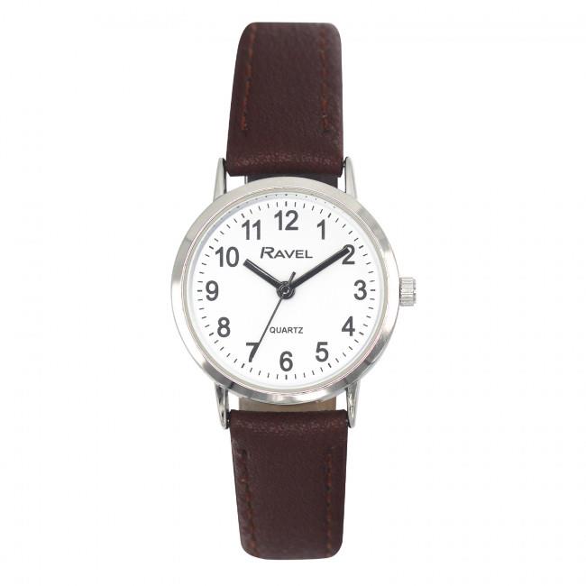 Ravel Ladies Classic Watch – White Dial, Brown Leather Strap