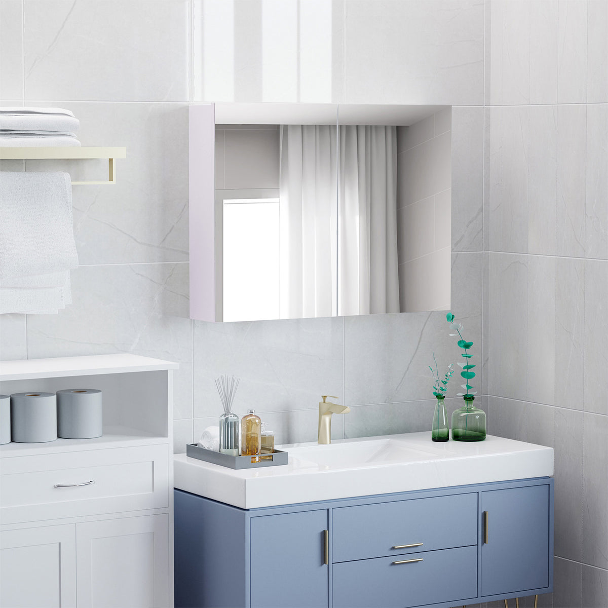 Wall-Mounted Bathroom Mirror Cabinet with Double Doors & Adjustable Shelf – Modern Dual-Purpose Storage Unit