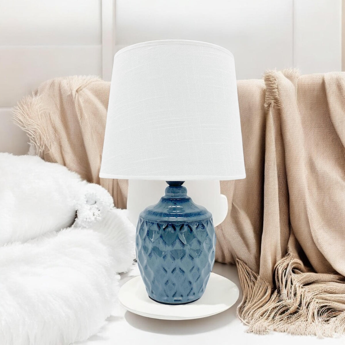 AcaciaHome 40cm Blue Ceramic Table Lamp with White Drum Shade – Corded 240V Home & Office Lighting