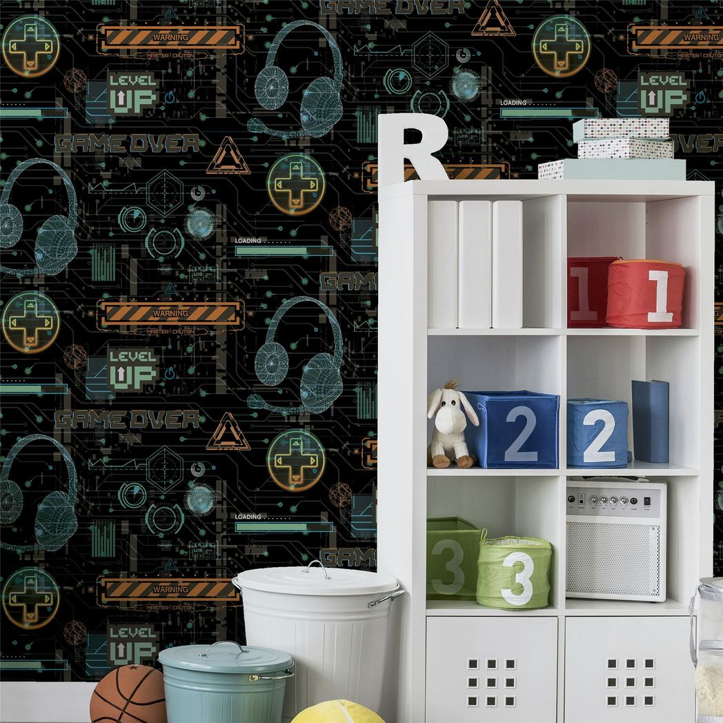 Arthouse Gamer Wallpaper with Video Glitch Graphics & Neon Signs – Paste the Paper Games Room, Multicolour