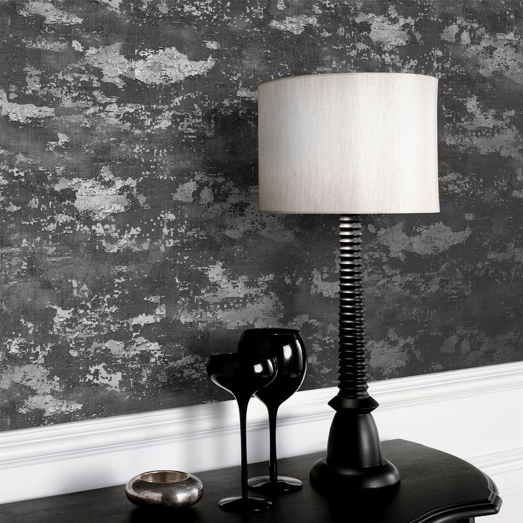 Arthouse Patina Heavyweight Vinyl Wallpaper with Metallic & Glitter Effects – Textured Design, Charcoal/Silver
