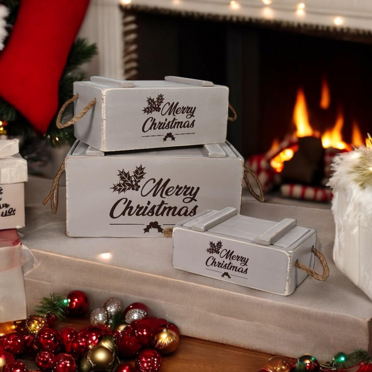 AcaciaHome Vintage Wooden Merry Christmas Storage Crate Set with Sturdy Handles – Festive Rustic Decor